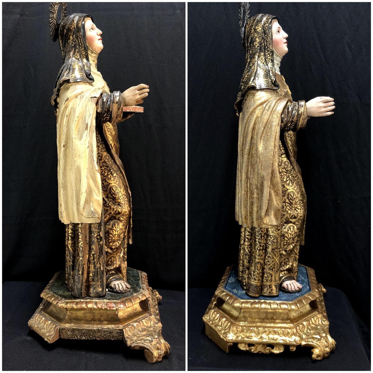 Comparativa de la talla de Santa Teresa de Jesús de perfil, antes y después de su restauración