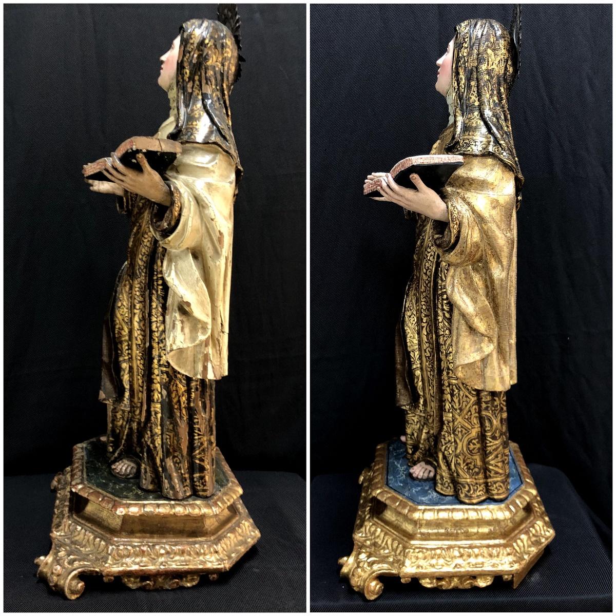 Comparativa de la talla de Santa Teresa de Jesús de perfil, antes y después de su restauración