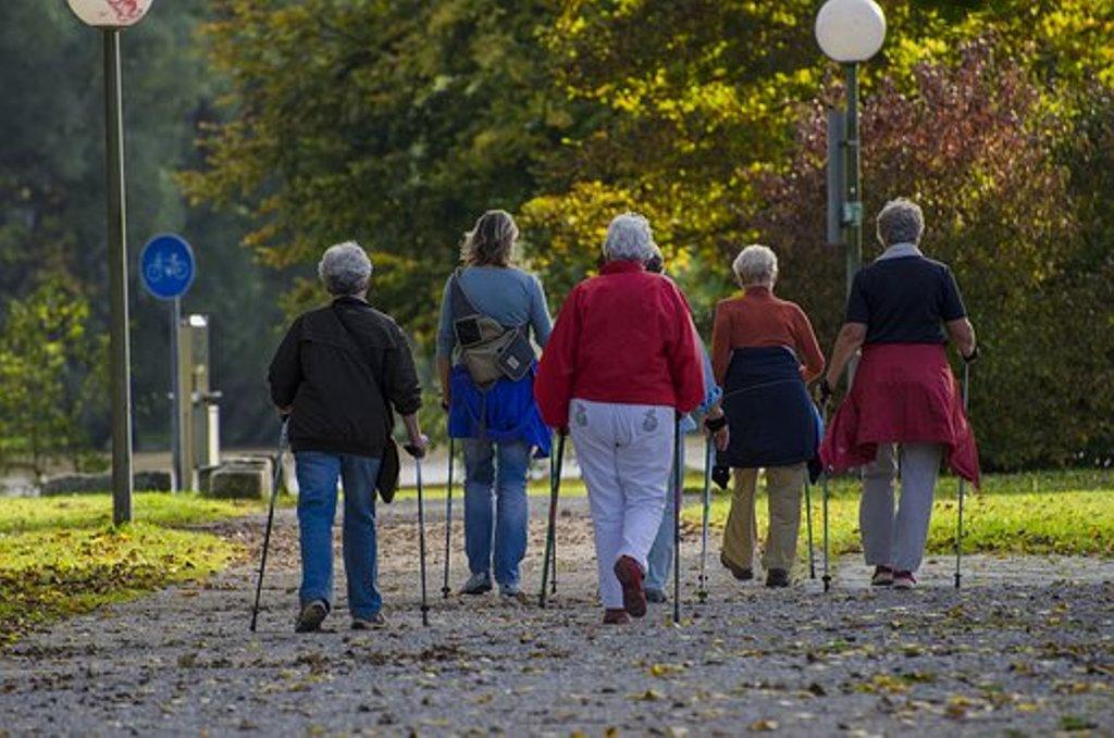 Adultos haciendo marcha nórdica en un parque