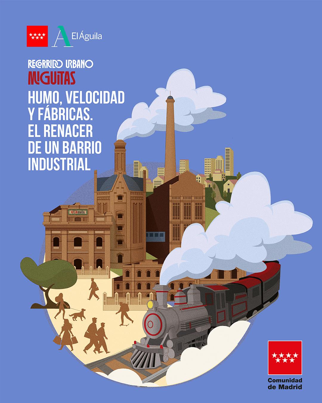 ilustración recorrido urbano con la imagen de un tren fábricas y trabajadores