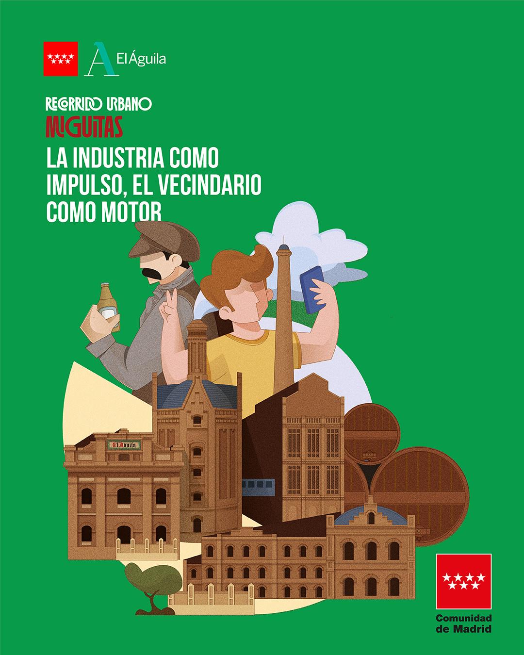 ilustración recorrido urbano con imagen de fábricas, edificios y trabajadores