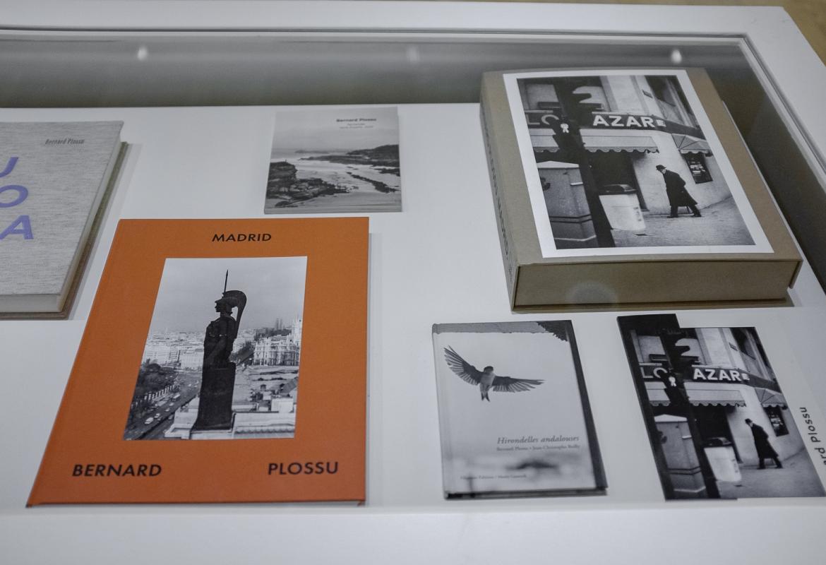 Detalle de una vitrina con piezas expuestas, algunas de ellas libros, de le exposición Madrid Bernard Plossu 