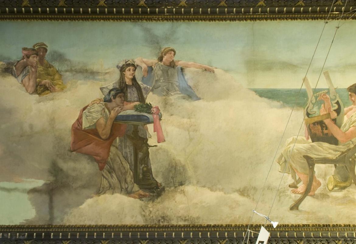 joven tocando la lira mientras lo observan un grupo de personas ataviadas con túnicas sobre fondo de nubes