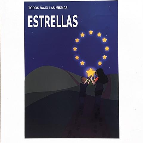 Dibujo de dos personas tocando una de las estrellas de la UE